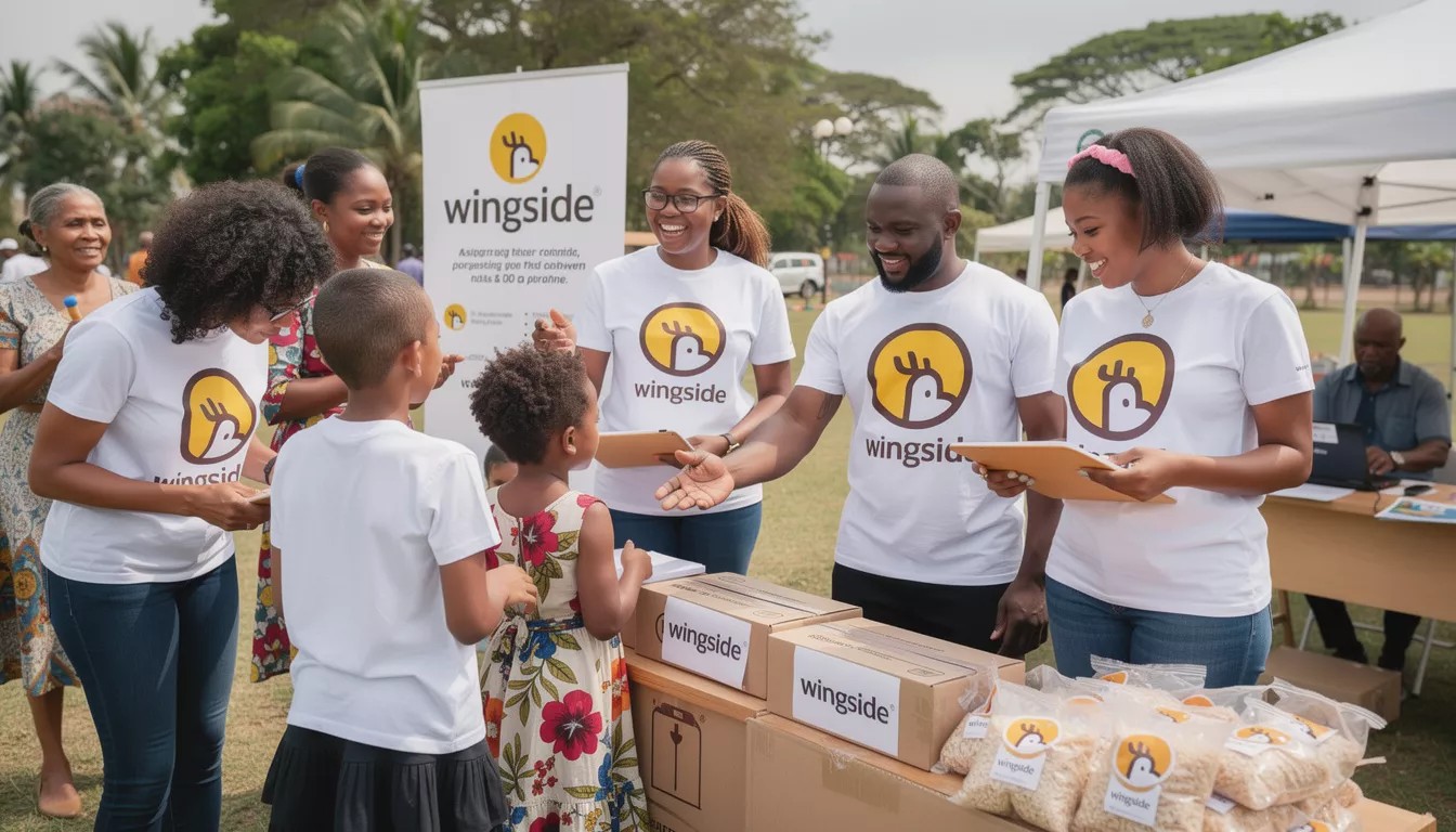 Community gathering with long tables of food